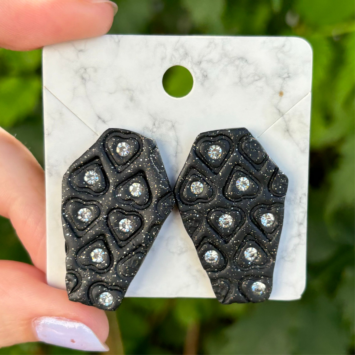 Till Death Do Us Part Black Diamond Polymer Clay XL Coffin Stud Earrings Handmade l