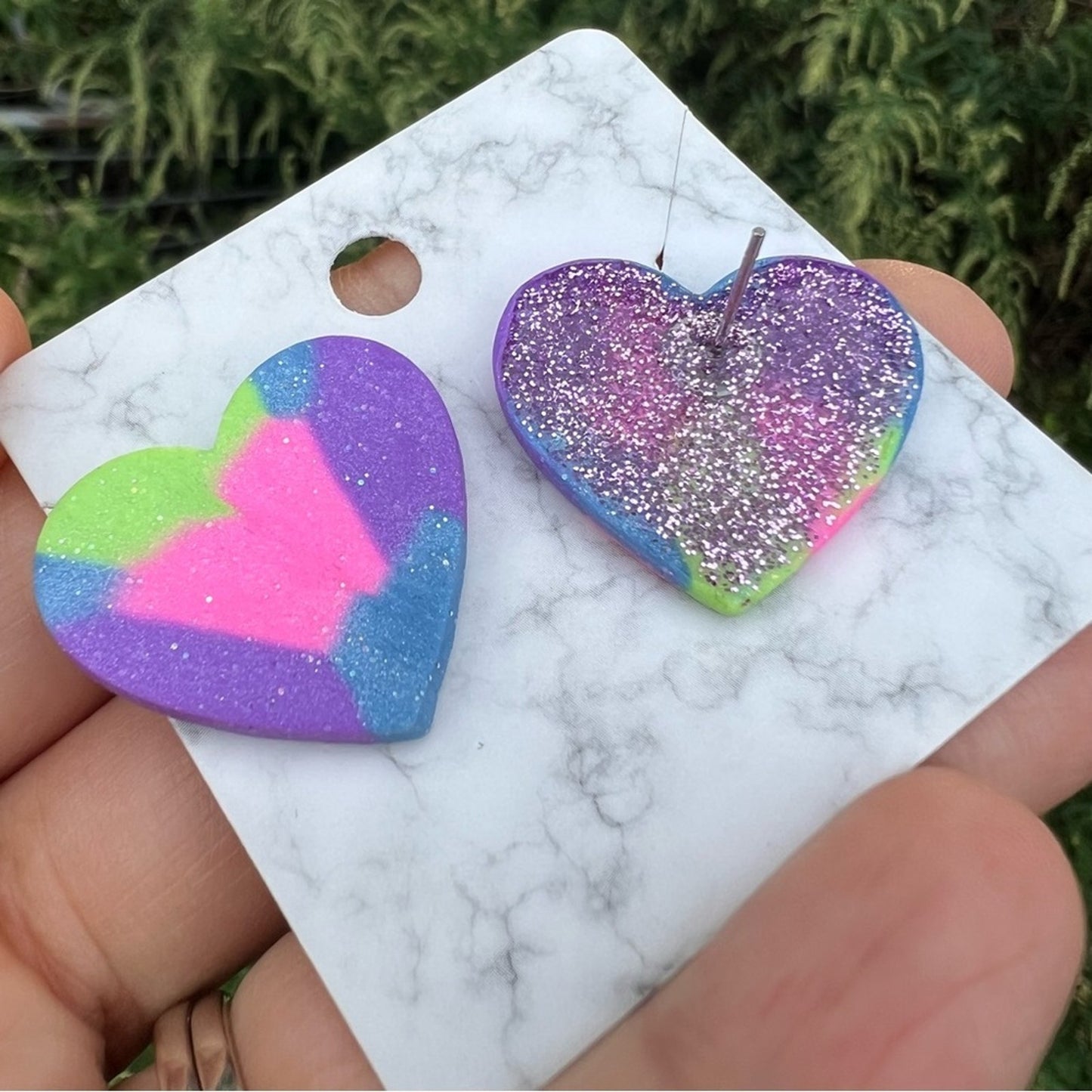 Multi Color Purple Green Blue XL Heart Clay Stud Earrings Handmade Handcrafted