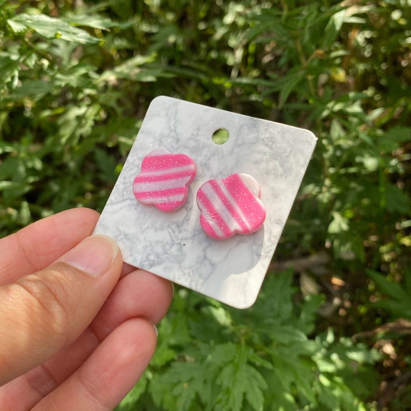 Pink and White Striped Flower Polymer Clay Stud Earrings Handmade Handcrafted