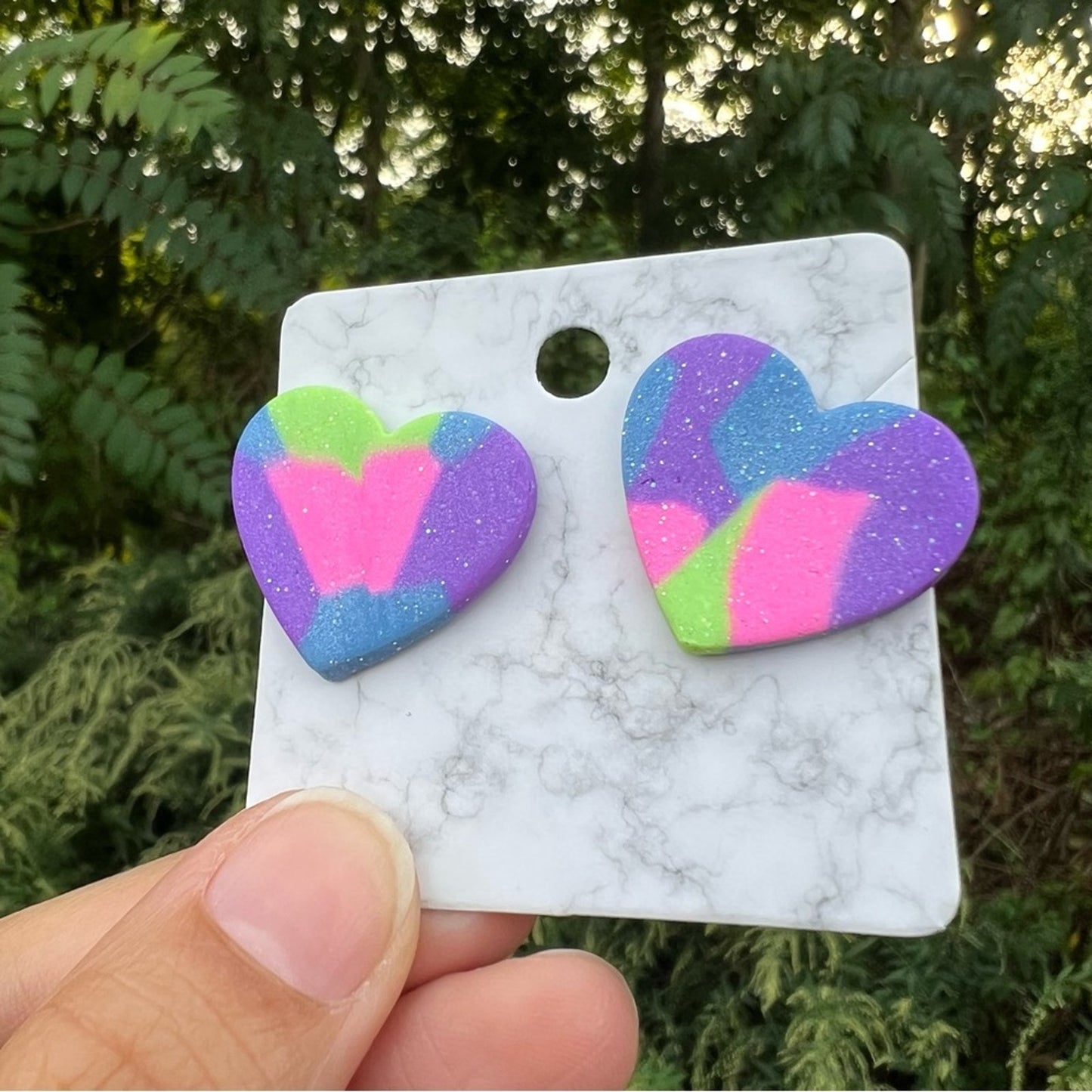 Multi Color Purple Green Blue XL Heart Clay Stud Earrings Handmade Handcrafted