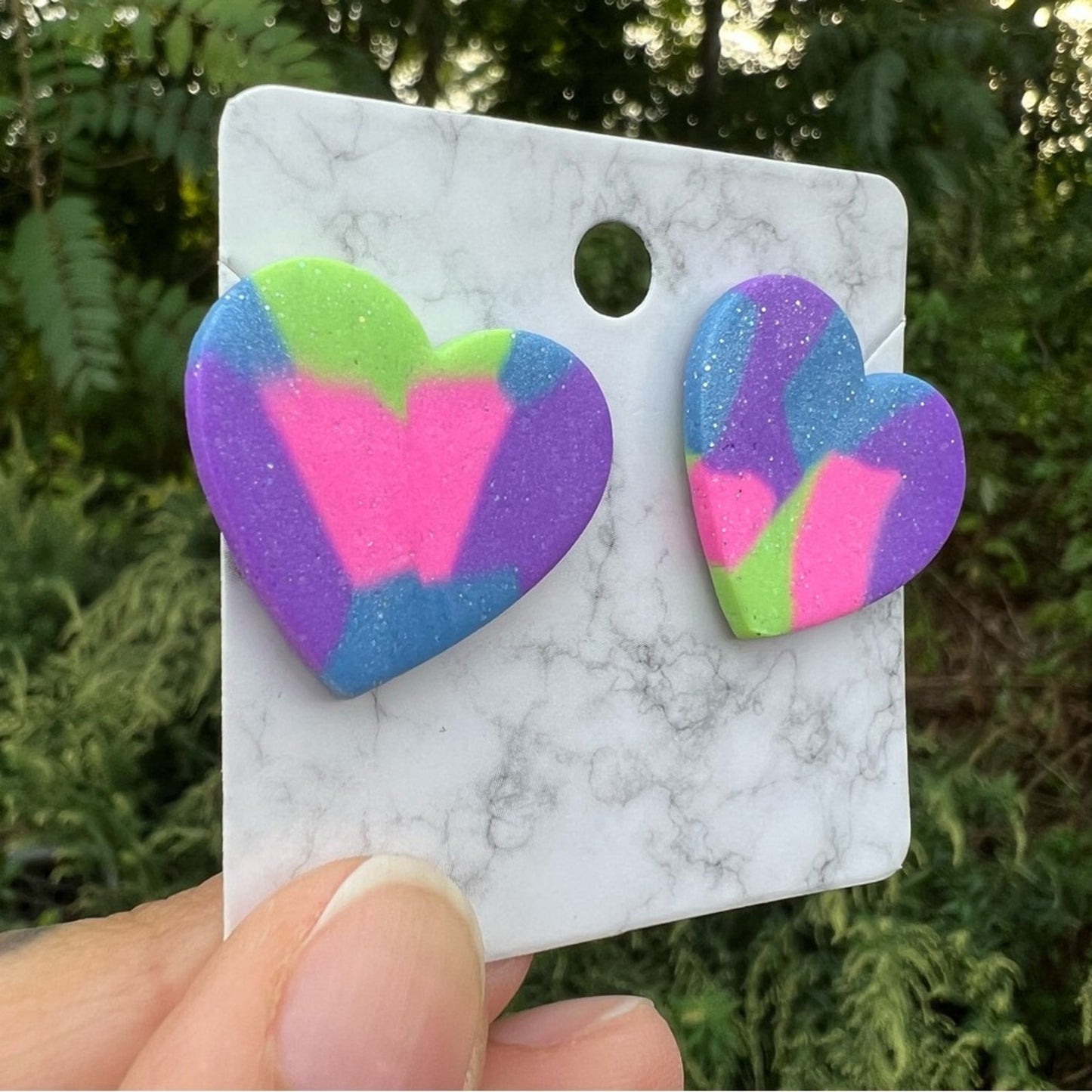 Multi Color Purple Green Blue XL Heart Clay Stud Earrings Handmade Handcrafted