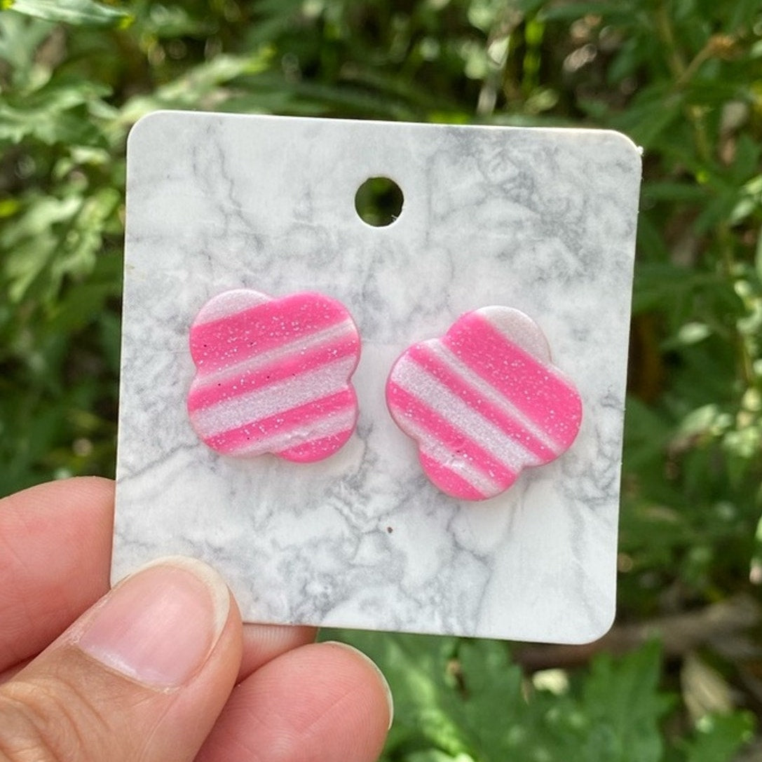 Pink and White Striped Flower Polymer Clay Stud Earrings Handmade Handcrafted
