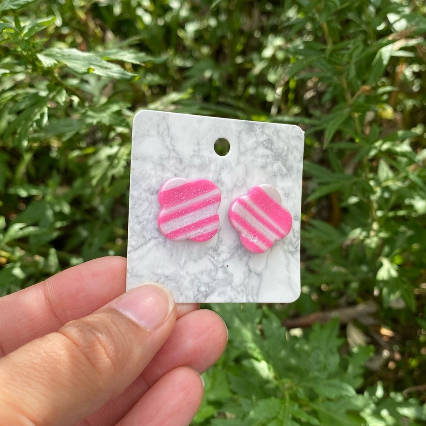 Pink and White Striped Flower Polymer Clay Stud Earrings Handmade Handcrafted