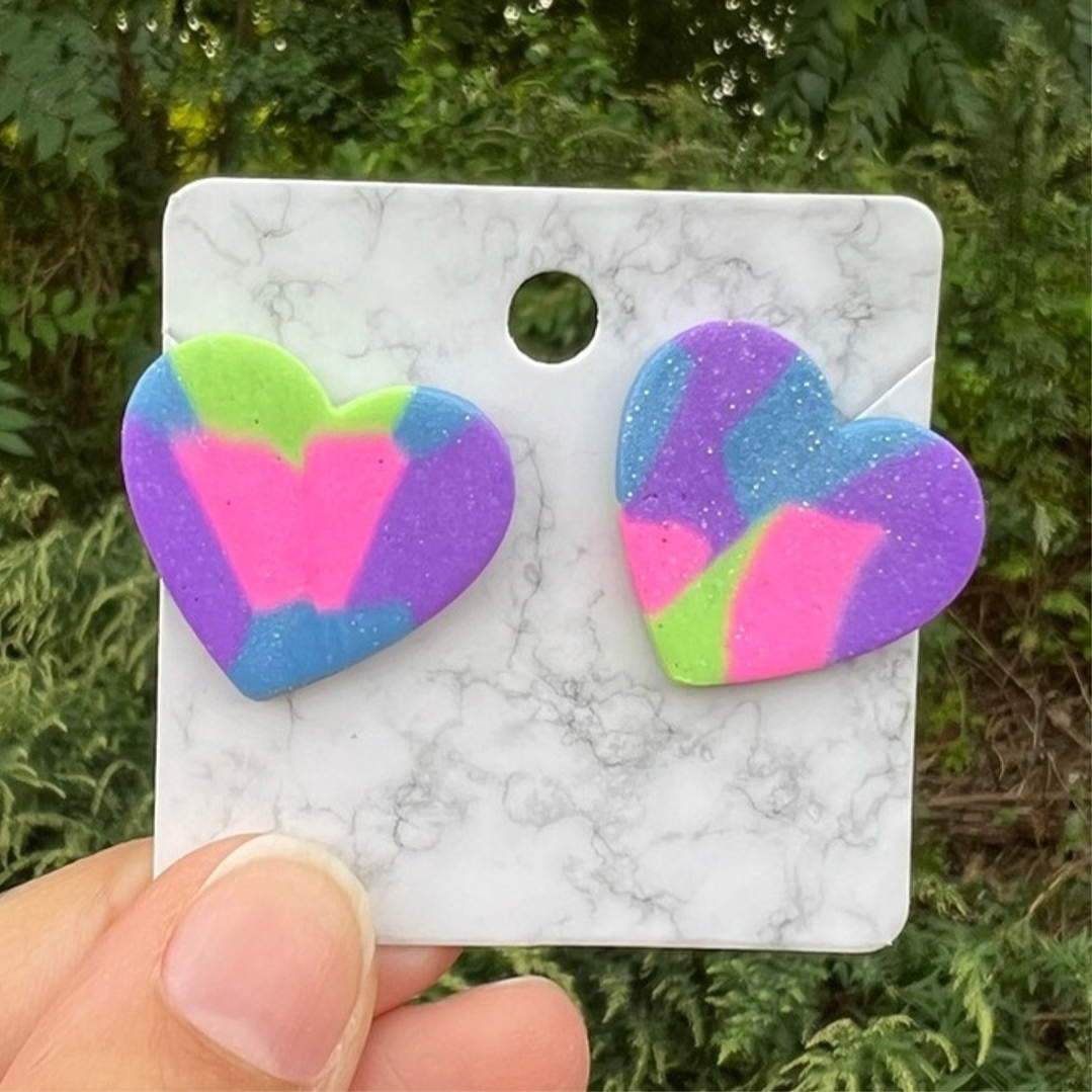 Multi Color Purple Green Blue XL Heart Clay Stud Earrings Handmade Handcrafted
