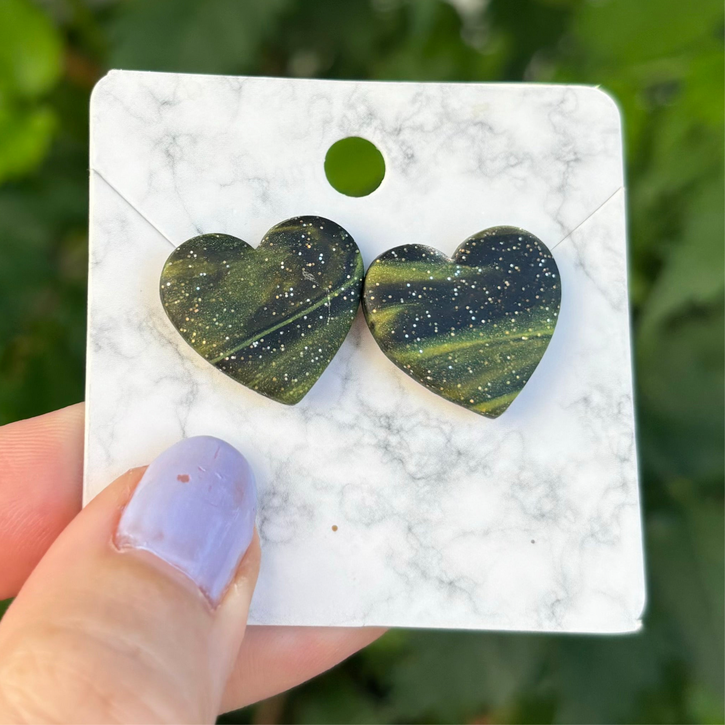 Marbled Black & Green Medium Clay Heart Stud Earrings Handmade