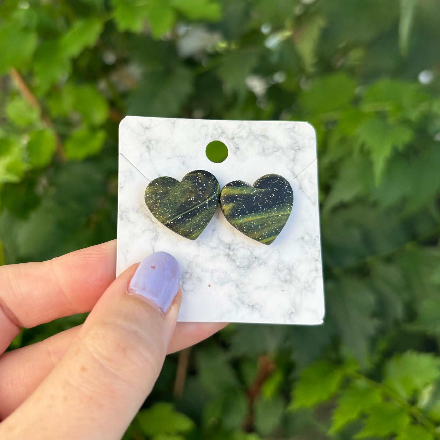 Marbled Black & Green Medium Clay Heart Stud Earrings Handmade