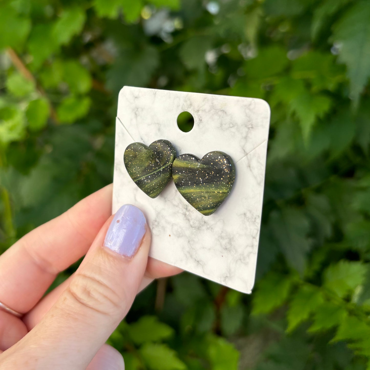 Marbled Black & Green Medium Clay Heart Stud Earrings Handmade
