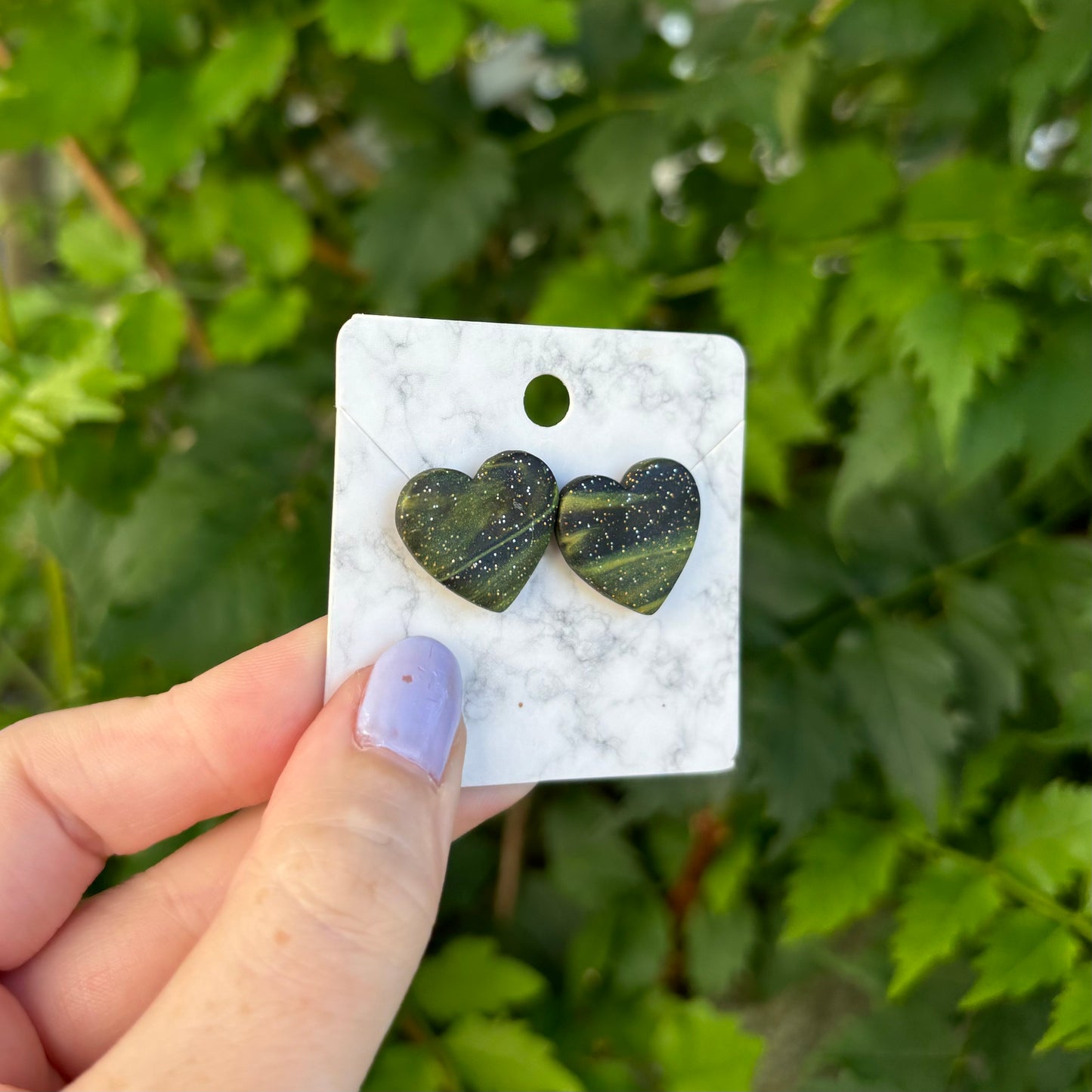 Marbled Black & Green Medium Clay Heart Stud Earrings Handmade