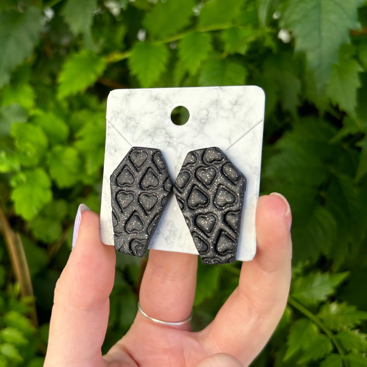 Till Death Do Us Part Black Polymer Clay Heart Coffin Stud Earrings Handmade