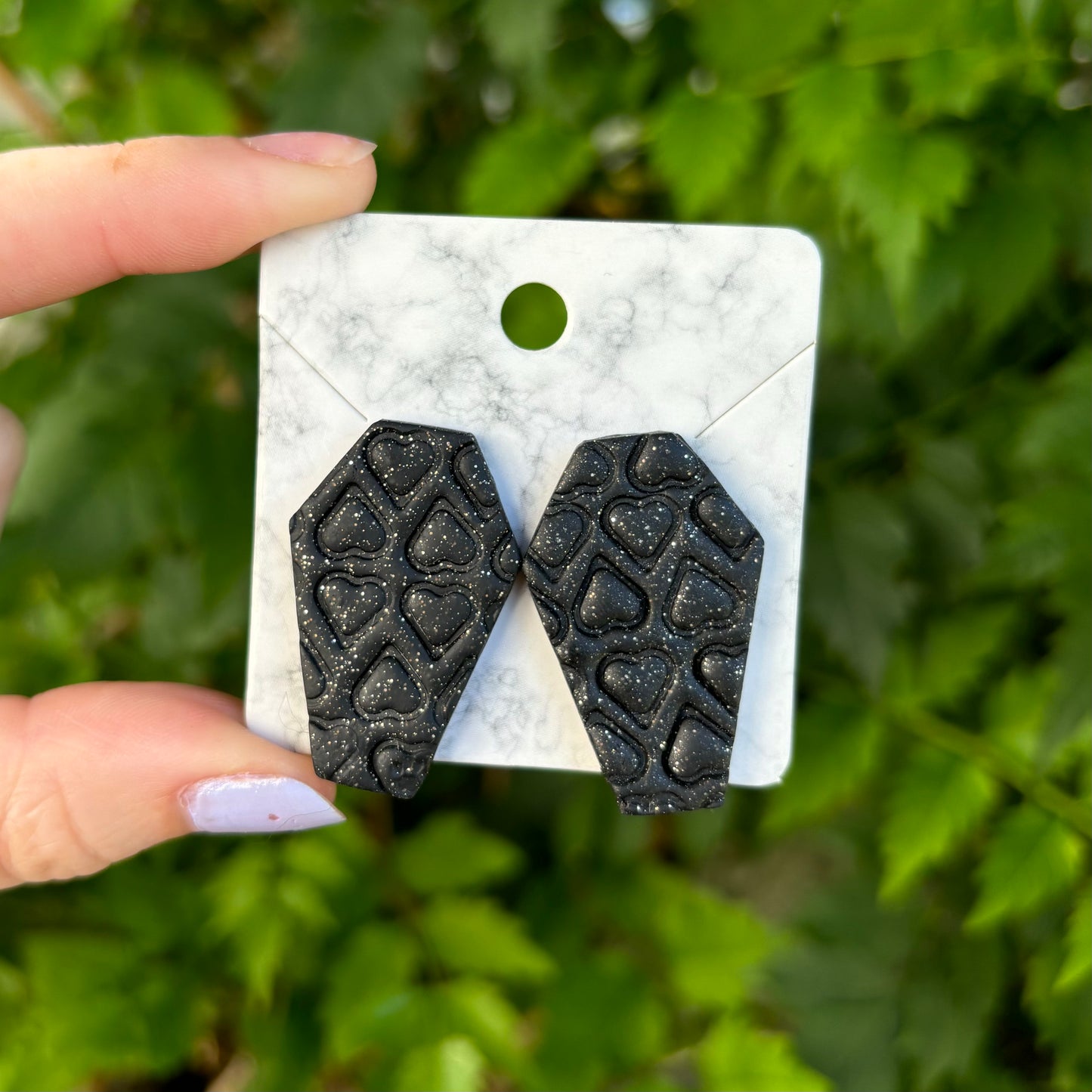 Till Death Do Us Part Black Polymer Clay Heart Coffin Stud Earrings Handmade