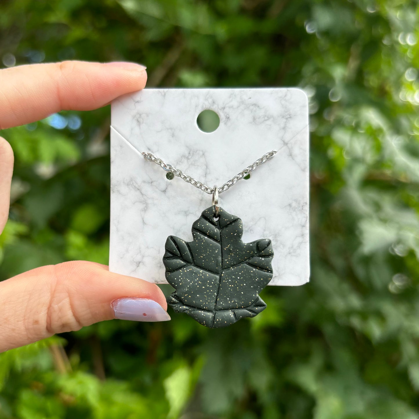 Green Polymer Clay Leaf Necklace Stainless Steel Chain XL Pendant Handmade