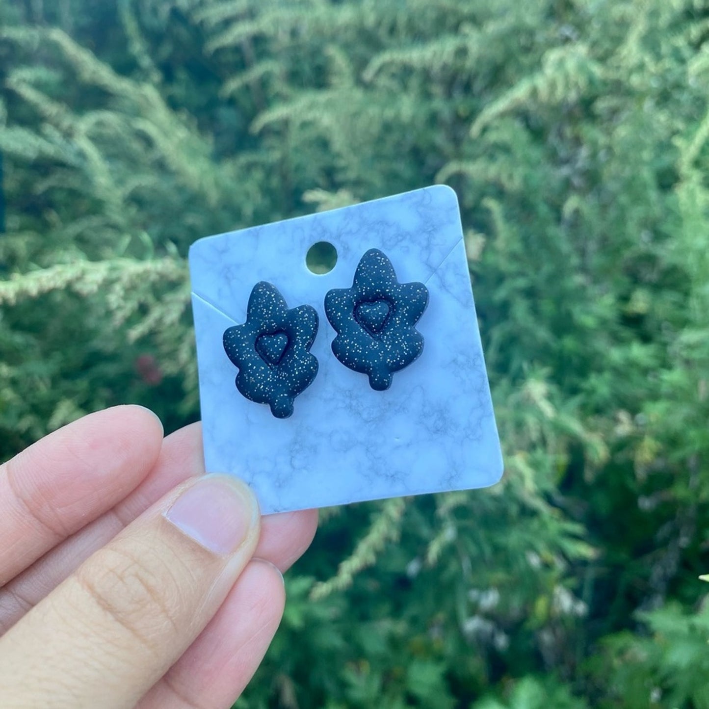 Fall Love Stud Black Glitter Clay Earrings Heart Leaf Handmade Handcrafted