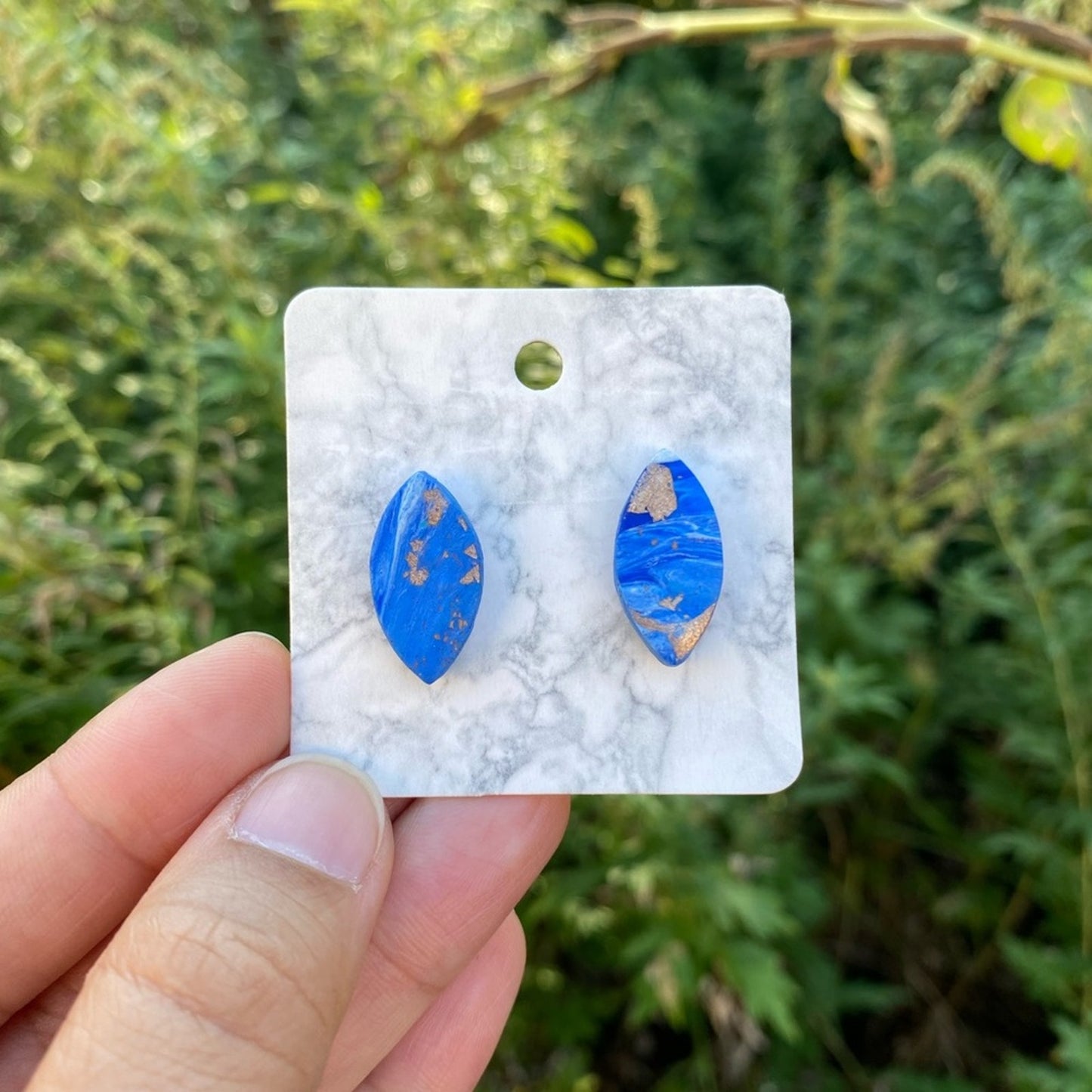 Blue Diamond Polymer Clay Stud Earrings With Sterling Silver Leaf Handmade
