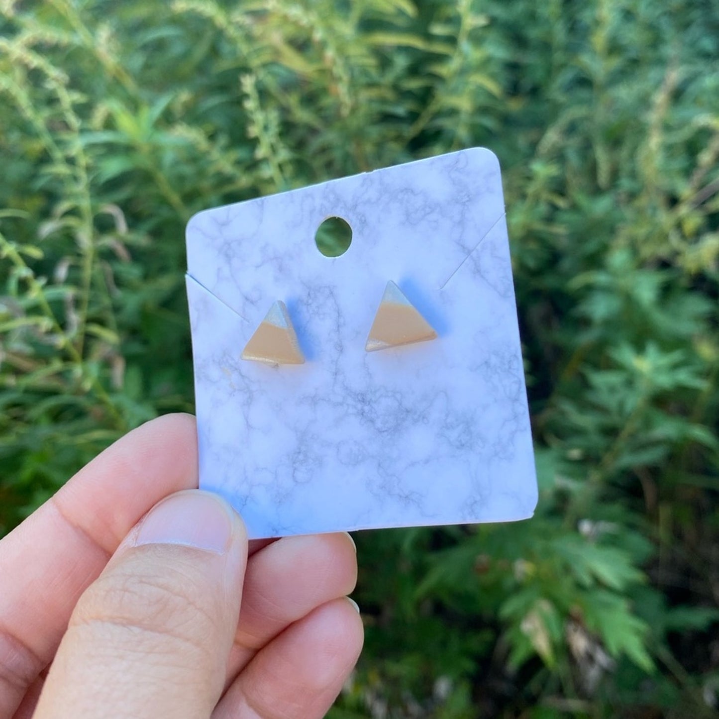 Mini Triangle Tan & White Polymer Clay Stud Earrings Handmade