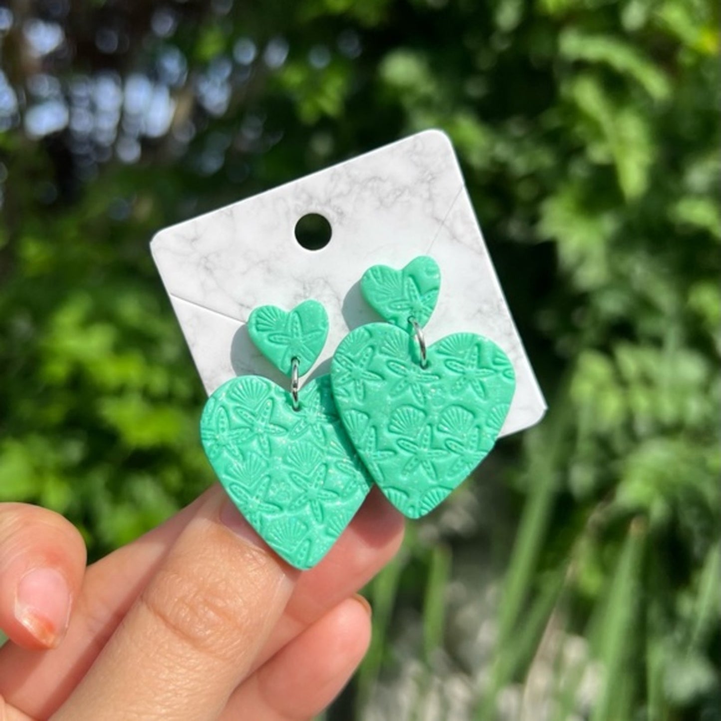 Summer Lovin’ Polymer Clay Earrings Sea Shell Handcrafted Dangle Heart