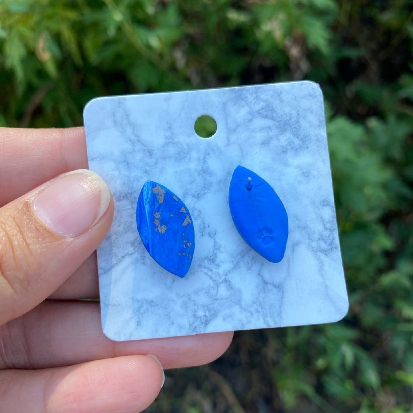 Blue Diamond Polymer Clay Stud Earrings With Sterling Silver Leaf Handmade
