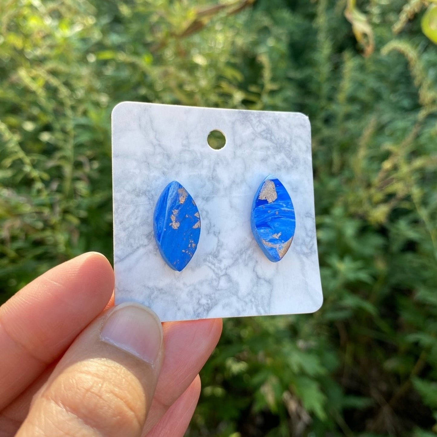 Blue Diamond Polymer Clay Stud Earrings With Sterling Silver Leaf Handmade