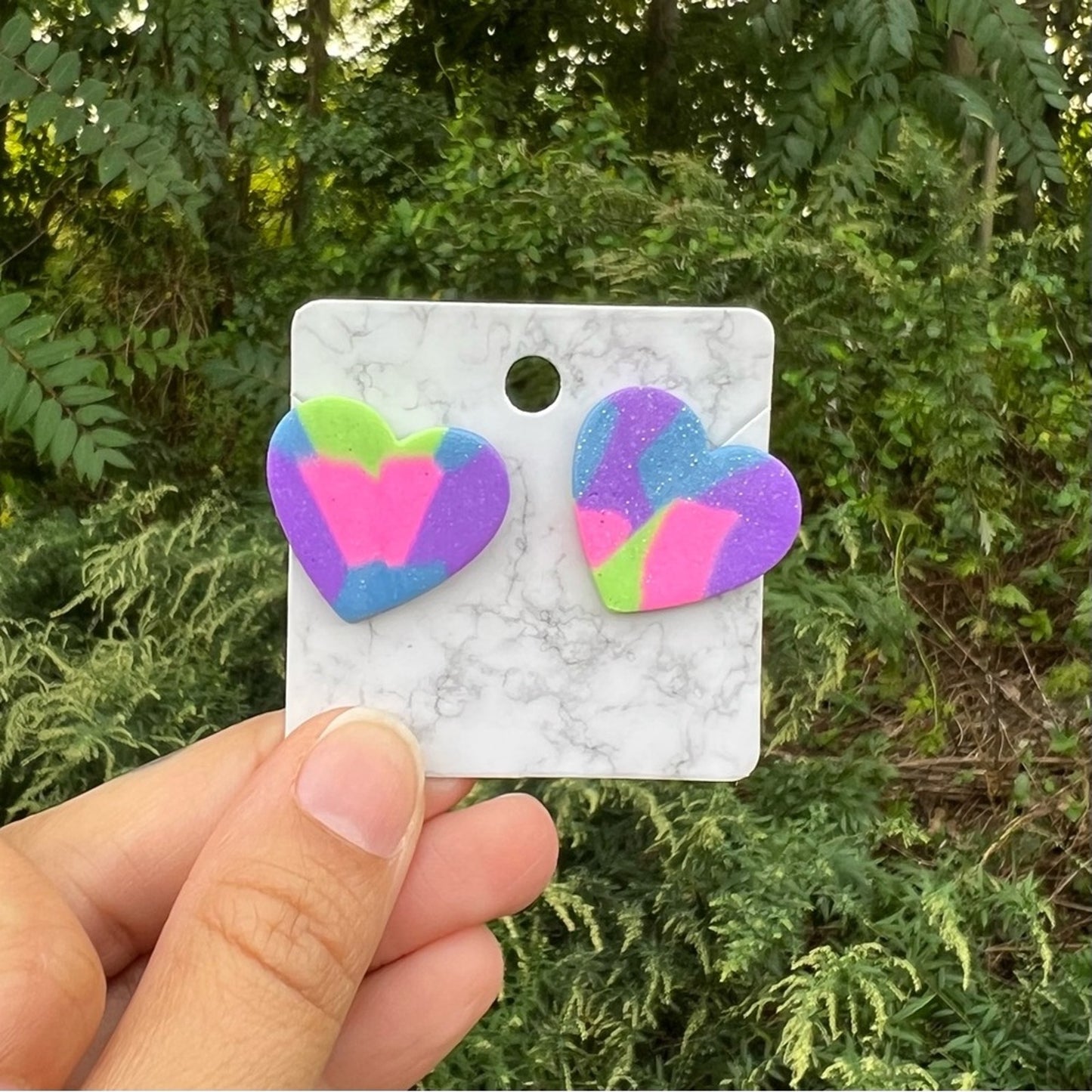 Multi Color Purple Green Blue XL Heart Clay Stud Earrings Handmade Handcrafted