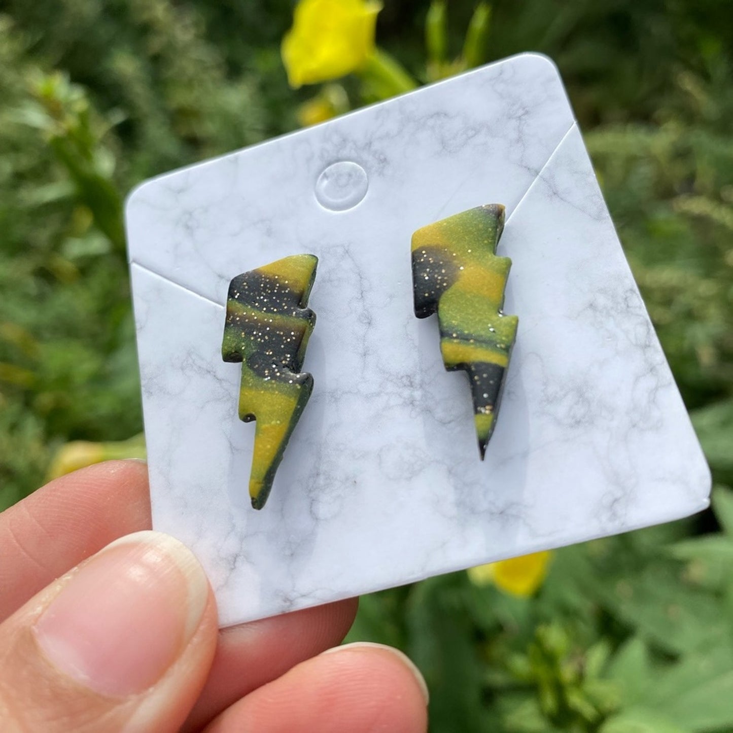 Lightning Bolt Black & Yellow Small Polymer Clay Stud Earrings Handmade