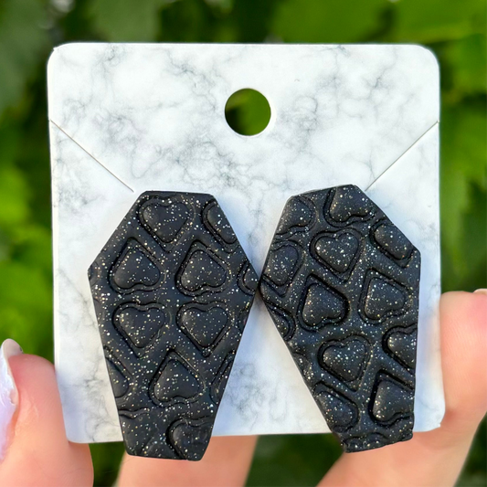 Till Death Do Us Part Black Polymer Clay Heart Coffin Stud Earrings Handmade