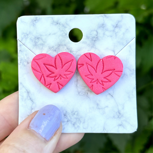 Medicated 420 Medium Pink Polymer Clay Heart Studs