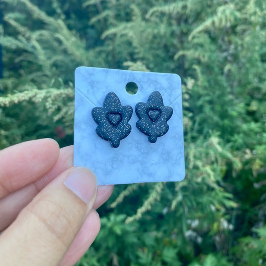 Fall Love‎ Stud Black Glitter Clay Earrings Heart Leaf Handmade Handcrafted