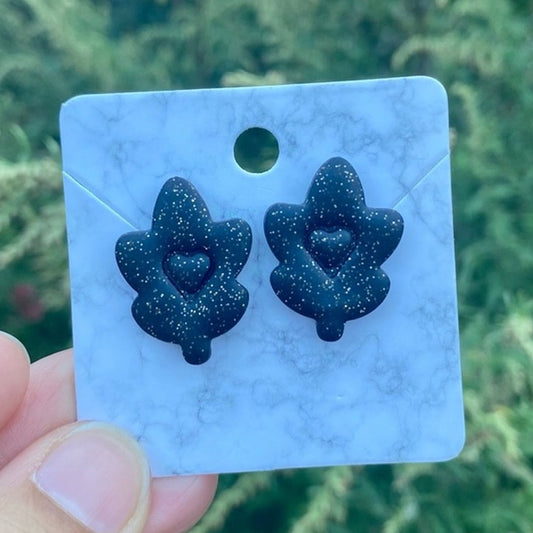 Fall Love‎ Stud Black Glitter Clay Earrings Heart Leaf Handmade Handcrafted